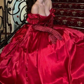 Ball Gown Off The Shoulder Burgundy Satin Evening Gown Prom Dresses SD1424 HZ0628